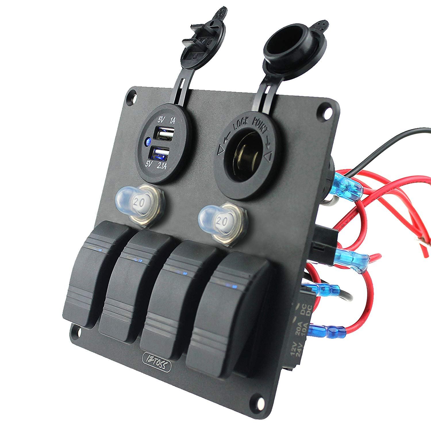 4 Gang 3pin Rocker Toggle Switch Panel with Circuit Breaker Power Charger Socket Dual 3.1A USB and Installation kits for Marine Boats Car Ve-image-489504071