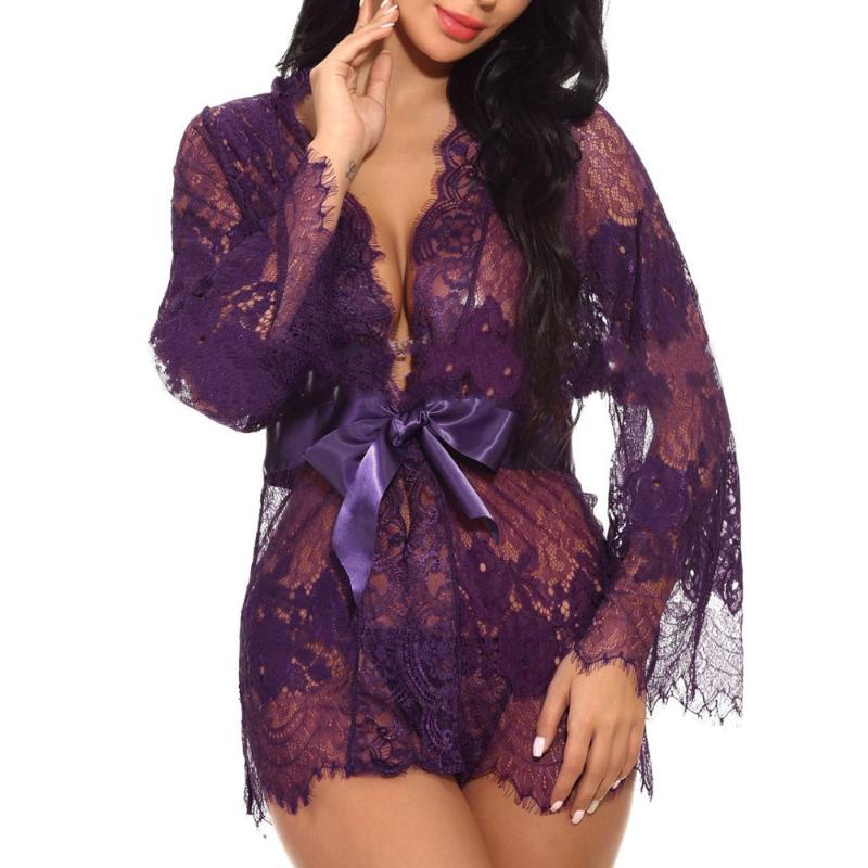 

Women Sexy Babydoll Erotic Sleepwear Eyelash Lace Sheer Lingerie Sexy V-Neck Nightwear Robes G-string Women Sleepwear Intimate, Red