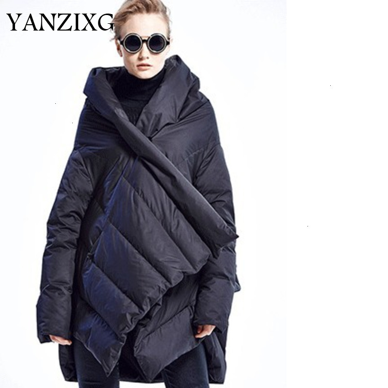 

2019 Winter Long Down Jacket Thick Loose Large Size Female Shawl Feather White Duck Down Jacket F099, Black