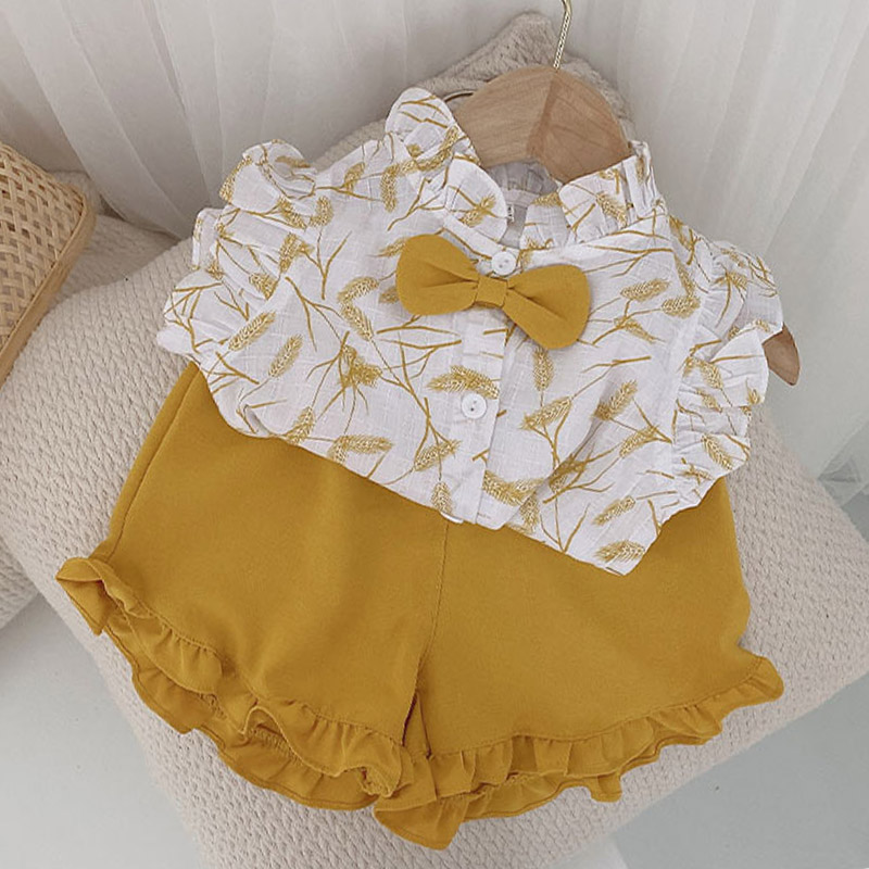 

2020 Summer New Arrival Girls Floral Sleeveless Bow Top+ Solid Color shorts Kids Suit 2 PCS Children Clothes Suit 18M-6Y, Ay462 white