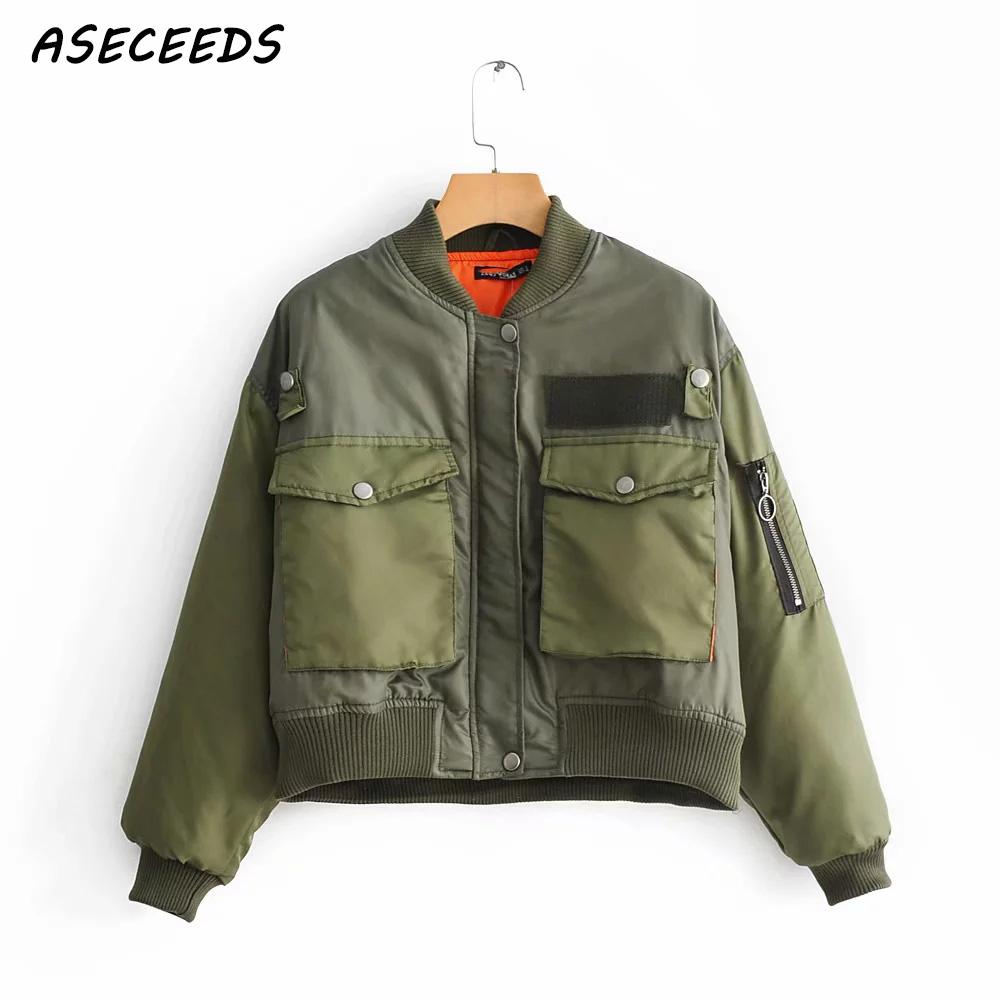

Winter pockets coats and jackets women 2019 female casual Army Green bomber jacket korean jackets zipper outwear punk streetwear
