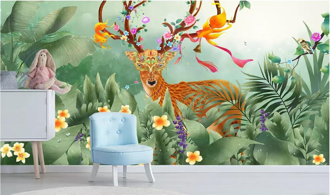 

3d wallpaper custom photo mural Hand painted watercolor leaves flowers tropical rainforest elk TV background wall wallpaper for walls 3 d, Light yellow