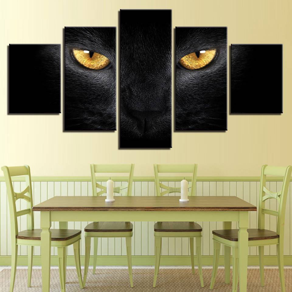 

Modern Canvas Painting Wall Art Pictures 5Pcs Animal Black Cat Yellow Eyes Decor Living Room Modular HD Printed Poster(No Frame)