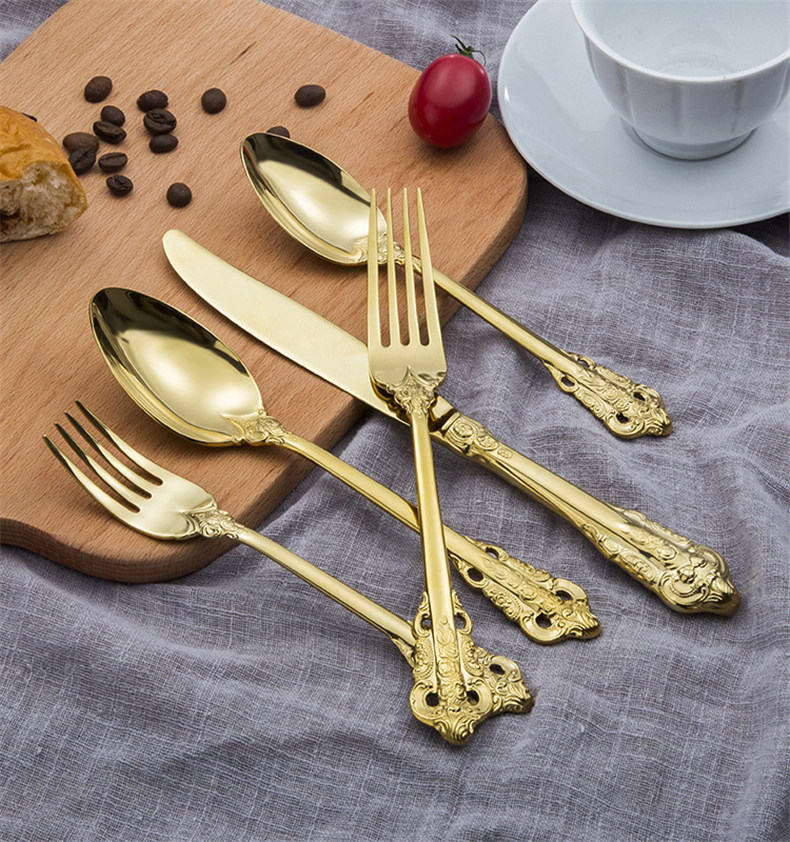 

Retro style flatware set stainless steel cutlery knife fork spoon 5-piece dinnerware set for wedding tableware set