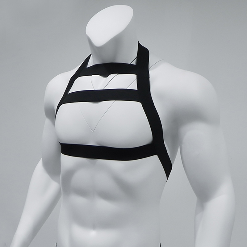 

Men's Sexy Nylon Body Chest Harness Height Elastic Shoulder Strap Gay Male Bandage Hollow Out Lingerie Halter Neck Nightclub Wear Costume, White