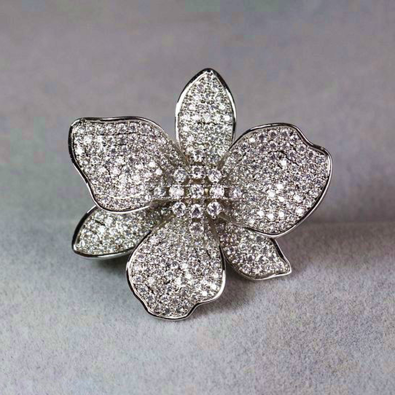 

Luxury Full Zircon Flower finger rings for women Top quality White gold color Wedding Engagement party jewelry Bague femme Gifts