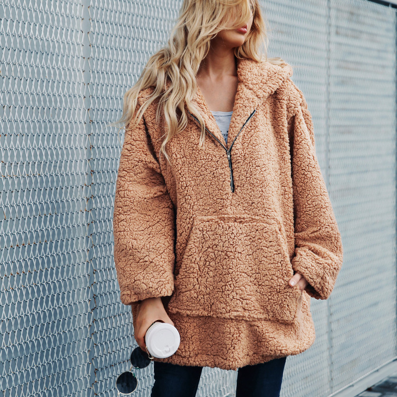 

Fashion Faux Fur Coat Women Lamb Coat Winter Female Hoodied Thick Warm Outerwear Fake Fur Jacket Chaquetas Mujer Plus Size, Dark brown