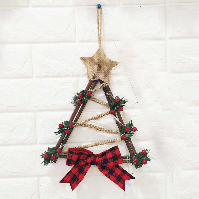 

Christmas Wreath Garland Door Window Wall Hanging Ornament Decoration Rattan with Bow Pine Cones Red Berries and 10 Clear Lights