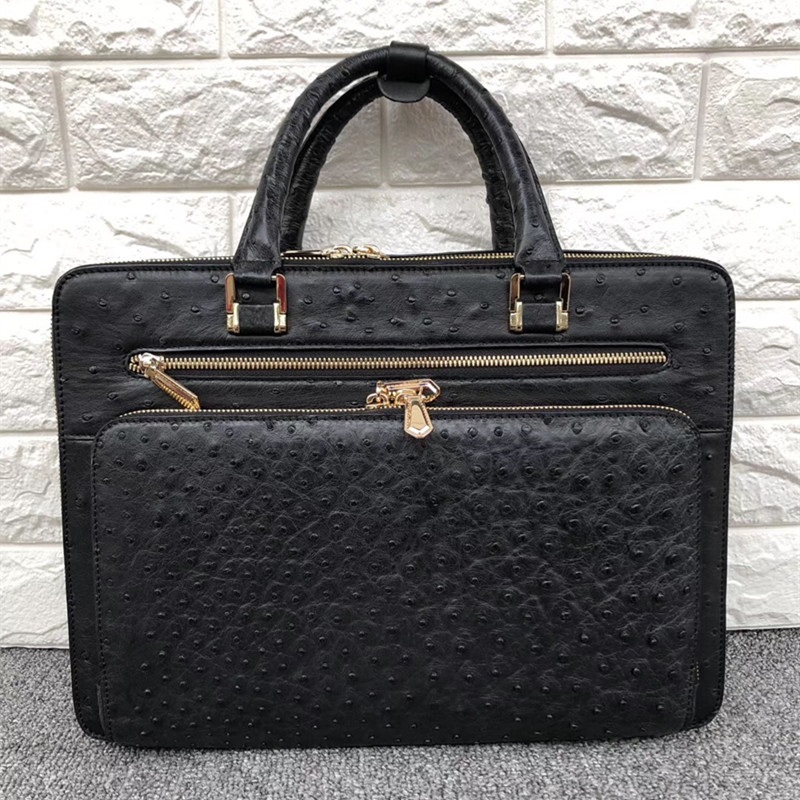 

Fancy Genuine Ostrich Skin Zipper Closure Male Briefcase Large Laptop Handbag Authentic Exotic Leather Businessmen Portfolio Bag, Black