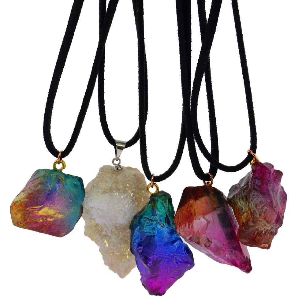 

Natural seven-color raw stone crystal pendant DIY transparent multicolor gem leather rope pendant necklace