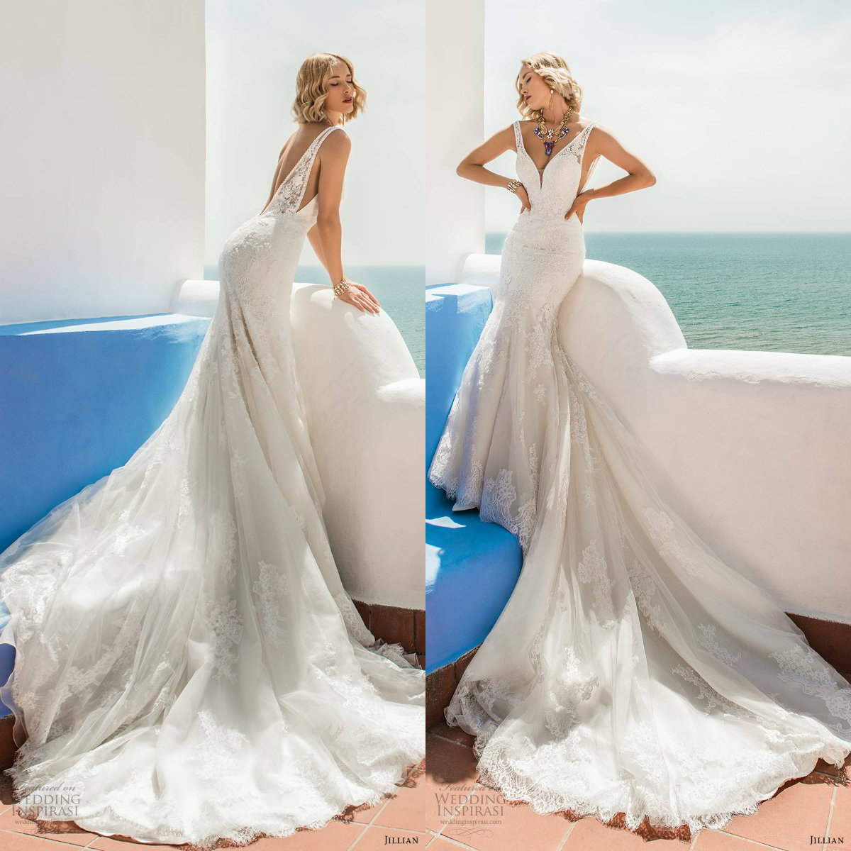 

2020 Lace Mermaid Wedding Dresses Appliqued Deep V Neck Backless Beach Wedding Dress Custom Made Sweep Train Sexy Boho Bridal Gowns, Gold