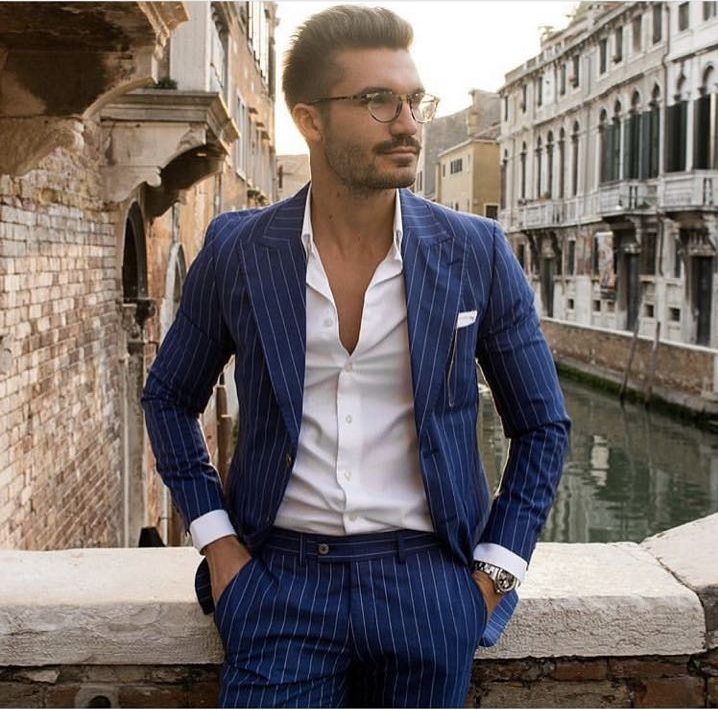 

2020 New Casual Men's Suits Slim Fit 2 Piece Striped Prom Tuxedos Classic Business Jacket Blazer Pants, As picture