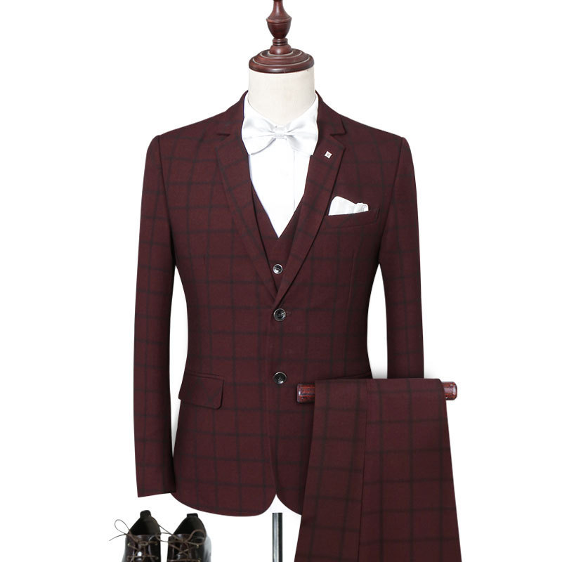 

Men's suit three-piece suit (coat + pants + vest) spring and autumn new men's plaid business formal suit male prom party dress, Burgundy