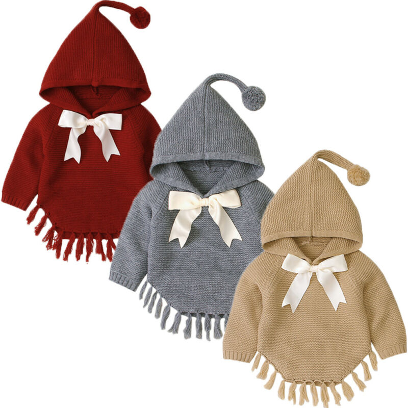 

Toddler Baby Girl Knit Tassel Coat Jacket Outwear Cloak Long Sleeve Pullover Bowknot Outfits Autumn Winter Clothes Poncho Enfant, Khaki