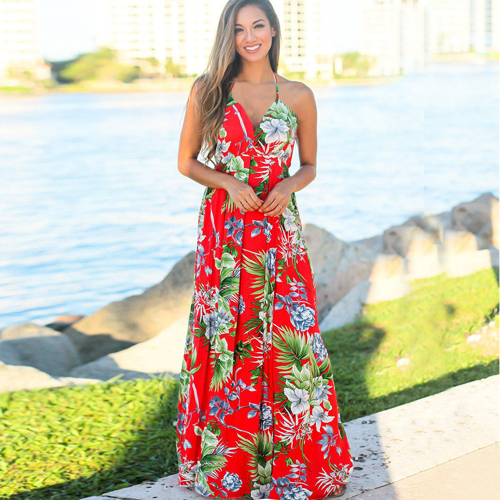 Fashion Cross Backless Womens Dresses Spaghetti Strap Floral Beach Dress V Neck Soft Comfortable Casual Ladies Dresses