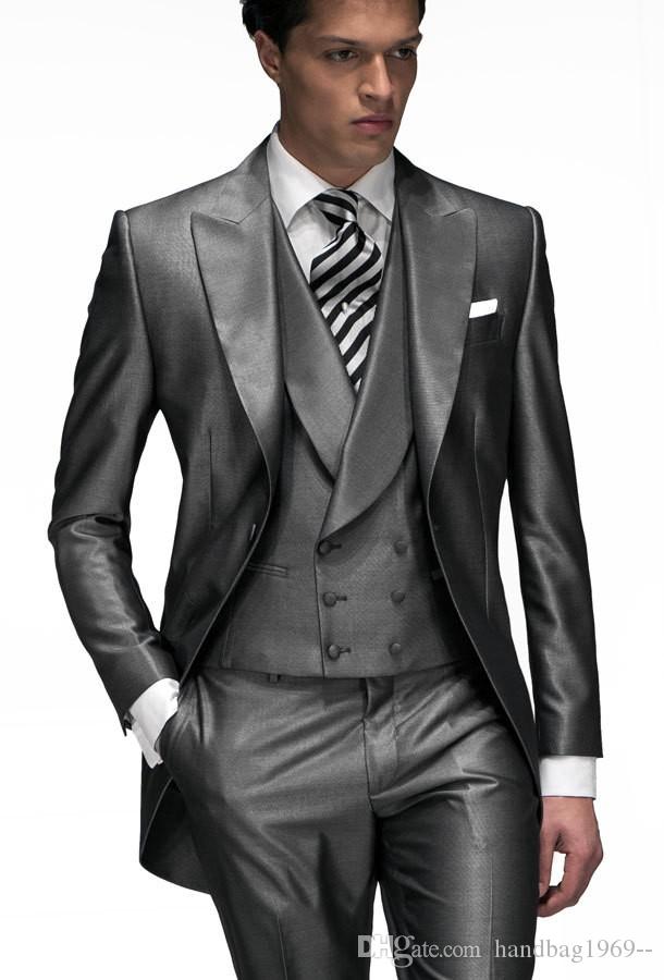 Dernière conception brillant gris travail costumes d'affaires pour homme Peak revers robe de mariée costumes de fête 3 pièces Blazer (veste + pan