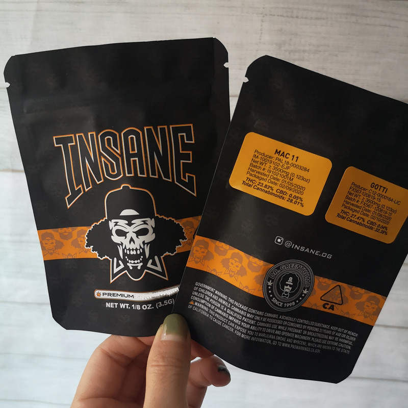 

New arrival 3.5g INSANE BAG Smell Proof Bags Vape Packaging for Dry Herb Vaporizer mylar Zipper bag
