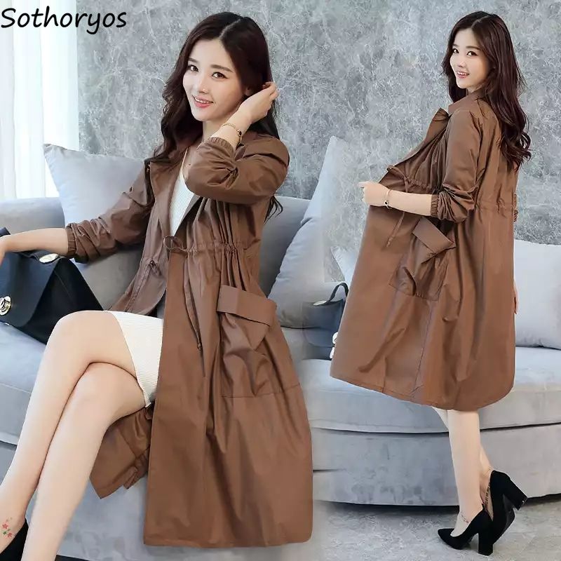 

Trench Women Solid Adjustable Waist Pockets Oversize 3XL Loose Trendy Leisure Korean Style Elegant Thin Womens Coats All-match, Brown