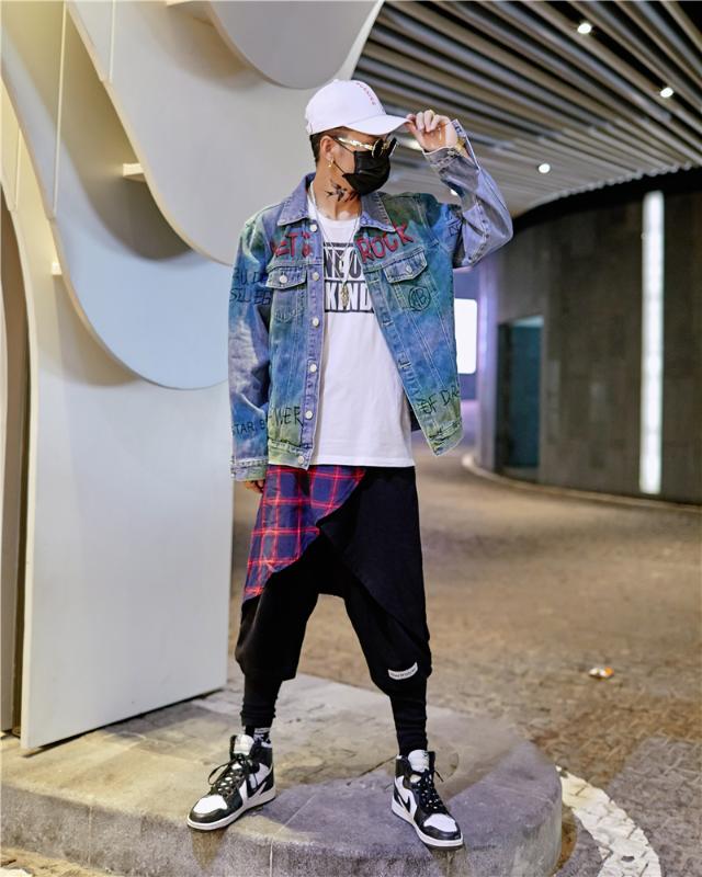 

fashion denim washed graffiti print denim jacket printed coconut tree hat loose men's washed jacket 2020 SA-8, Blue