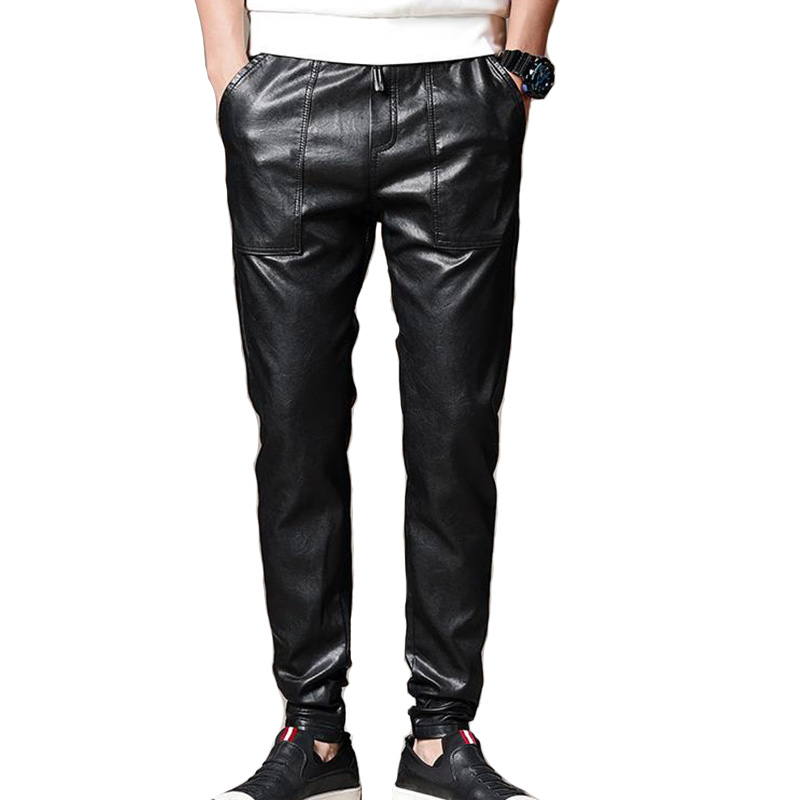 

Mcikkny korean Men's Pu Leather Casual Pants Elastic Waist Black Harem Jogger For Male Size 28-35