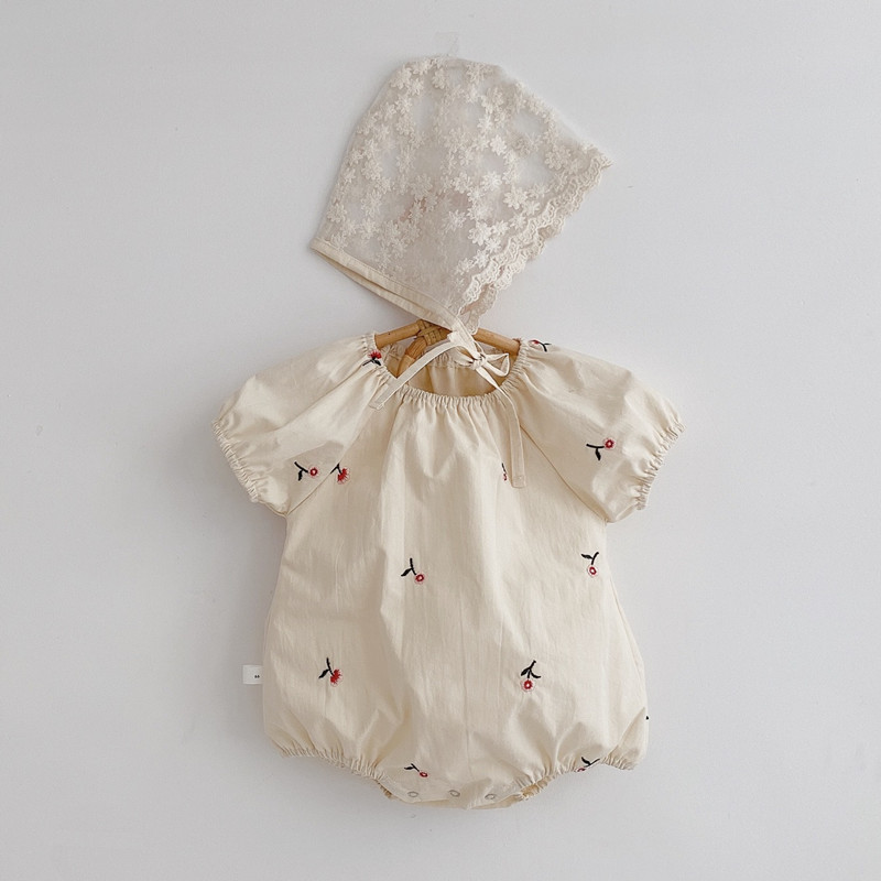 

Korean Style Infants Clothes 2020 Summer Embroidery Floral Newborn Baby Girls Cotton Bodysuits with Lace Hat Toddlers Jumpsuits, Beige
