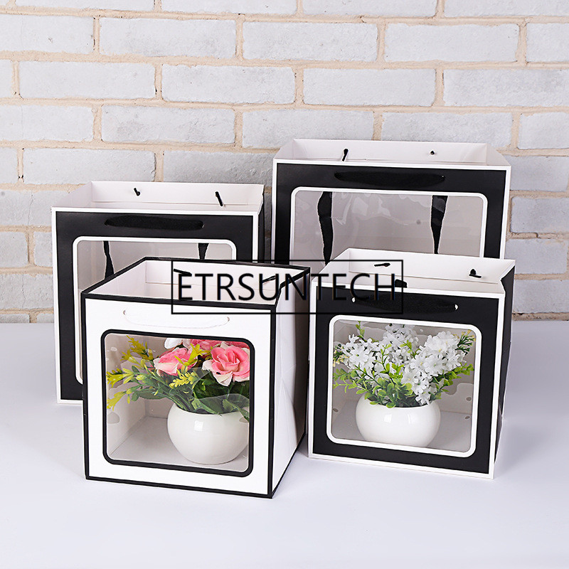 

50pcs/lot Black White Transparent window Square tote bag Holiday gift boxes transparent packaging bags creative flower bag