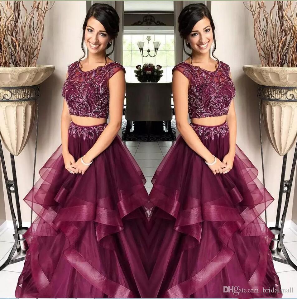 

2020 Arabic Burgundy Two Pieces Prom Dresses Wear Jewel Neck Evening Gowns Illusion Cap Sleeves Beaded Crystal Ruffles Organza Party Dresses, Coral