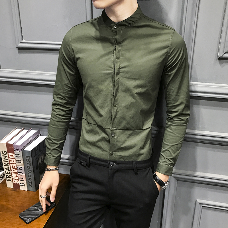 

2020 Spring Men's Stand Long Sleeve Shirt Korean Casual Slim Fit Dress Shirts Streetwear Social Night Club Clothes Blouse Homme, Black