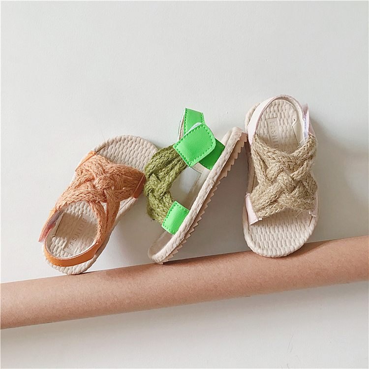 

2020 Summer New Children's Soft Bottom Non-Slip Linen Woven Beach Shoes Korean Version Fashion toddler boys and girls Sandals, Green