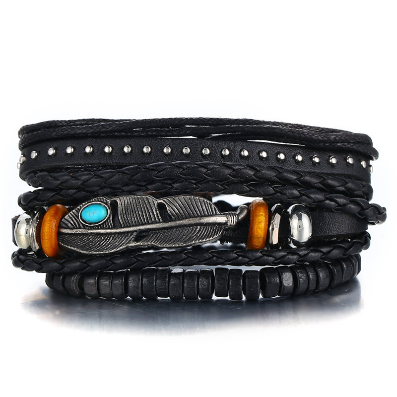 

OF-LILU 3pcs/set Punk Vintage Multilayer Charm Bracelets Set For Men Woman Fashion Leaf Leather Bracelet Bangles Party Jewelry