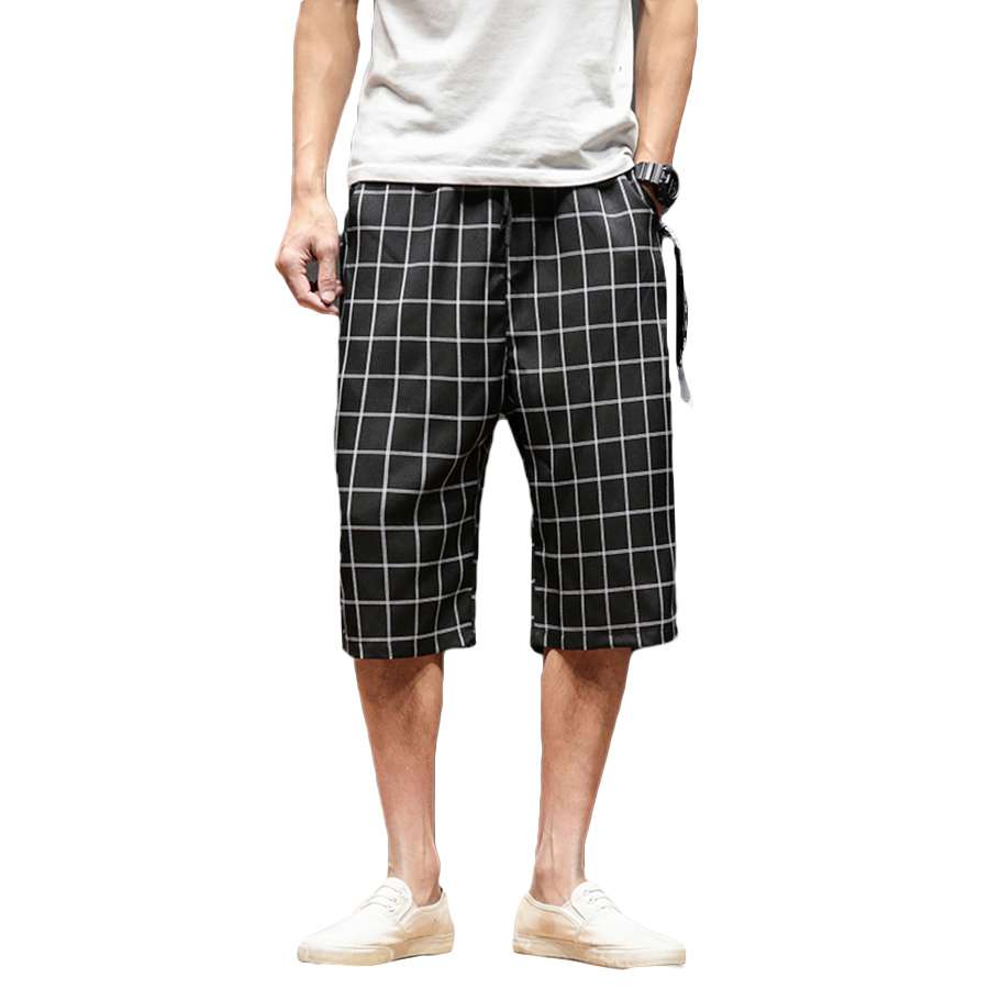 

Plaid Vintage Linen Shorts Men Plus Size Long Street Mens Fashion Shorts Checkered Casual Bermuda Masculina Hip Hop Short Man, Black