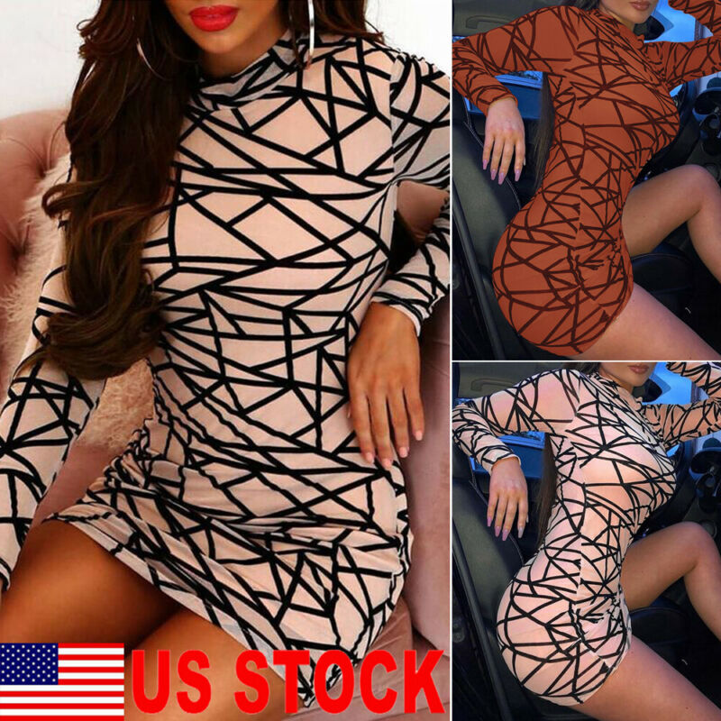 

Goocheer Women Casual Geometric O-Neck Long Sleeve Mesh Bodycon Dress Autumn Female Sheath Party Mini Dress