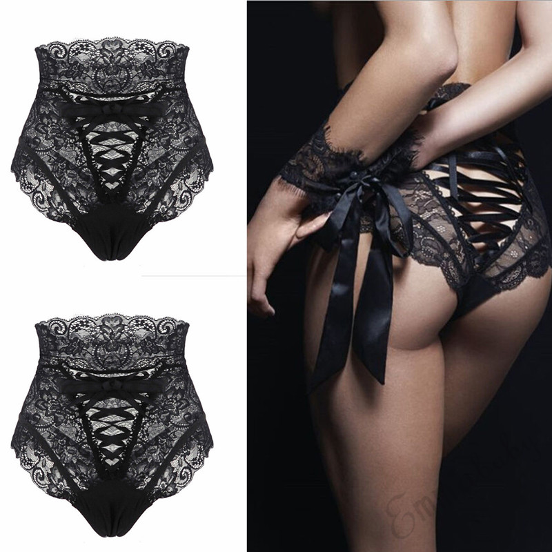 

2020 Hot sale hollow out solid high waist Lingerie Knickers Women Lace Tie Thong Underwear Sexy Lace G-string Briefs Panties, Black