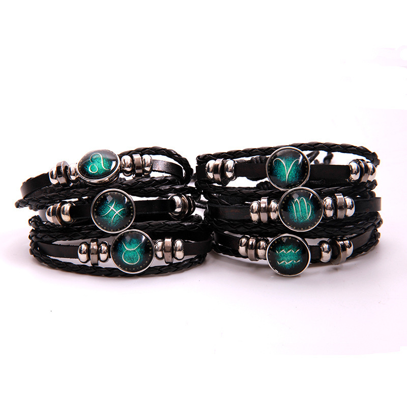 

Concise Twelve Constellation Lovers Bracelet Weave A String Of Beads Punk Men And Women Cowhide Bracelet