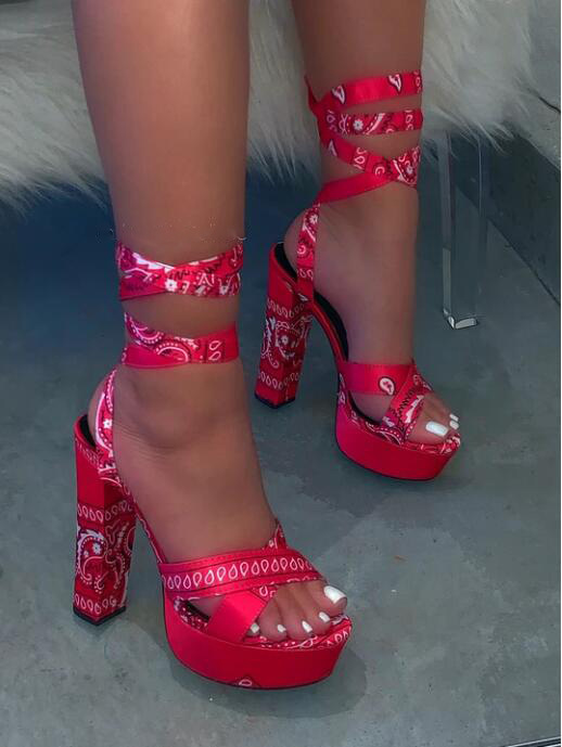 Mode 2020 été femmes cheville Strrap sandales plate-forme carré talons hauts imprimer Sexy fête De mariage dames chaussures Zapatos De Mujer