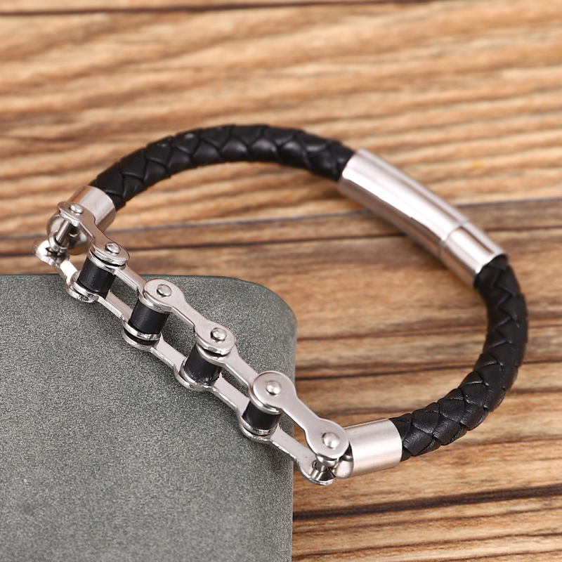 

Charm Bijou Stainless Steel bangle BikeChain Bracelet Man Bike Motorcycle Leather Bracelet Jewel Ghost Knight Free Dropshipping