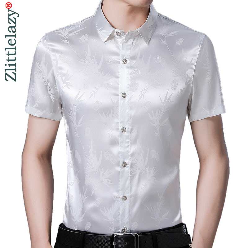 

2020 short sleeve men social shirt summer streetwear casual luxurious shirts dress mens slim satin fit clothes fashions 52402, Black