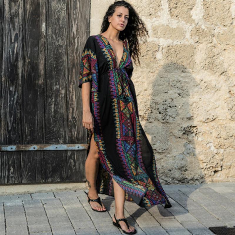 

Geometric Print Beach Cover Up Oversize Turkey Kaftan Boho Long Beach Dress Women Summer Beachwear Maxi Dress Party