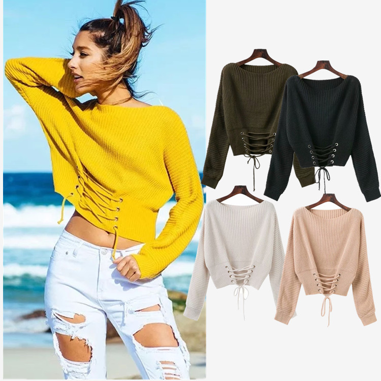 2018 Autumn Winter New Pullovers Female Sweater Short Round neck Slim Casual Jumper Waistband Lace up Knitted Sweater Women