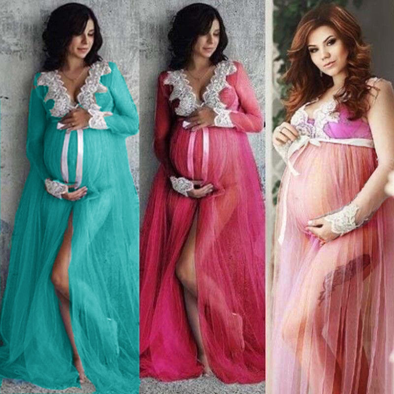 

New Maternity Dresses For Photo Shoot Lace Tulle Long Pregnancy Dress Photography Prop Split Front Pregnant Women Maxi Gown, Pink