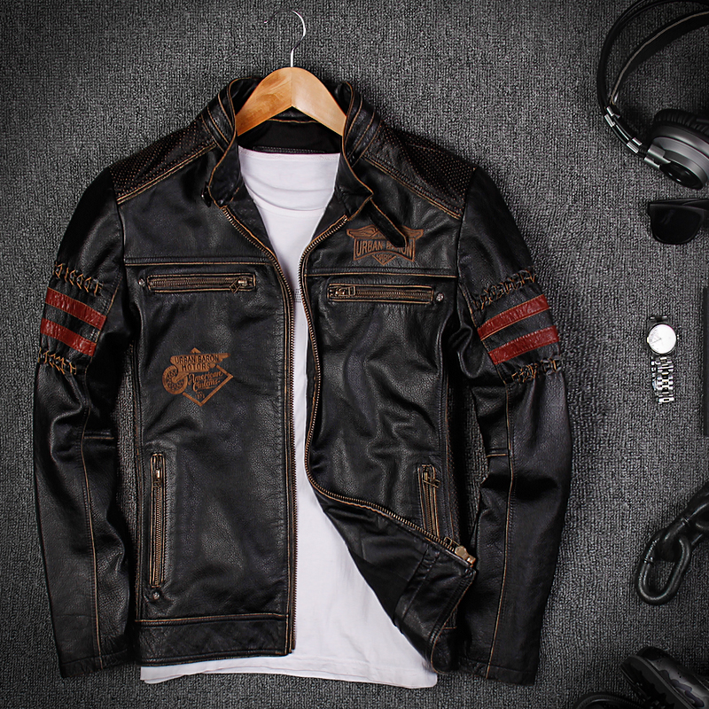 

Mens Leather Jackets Cowskin Genuine Leather Overcoat Stand Collar Slim Embroidery Pattern Coats 3XL Male Clothing, Black