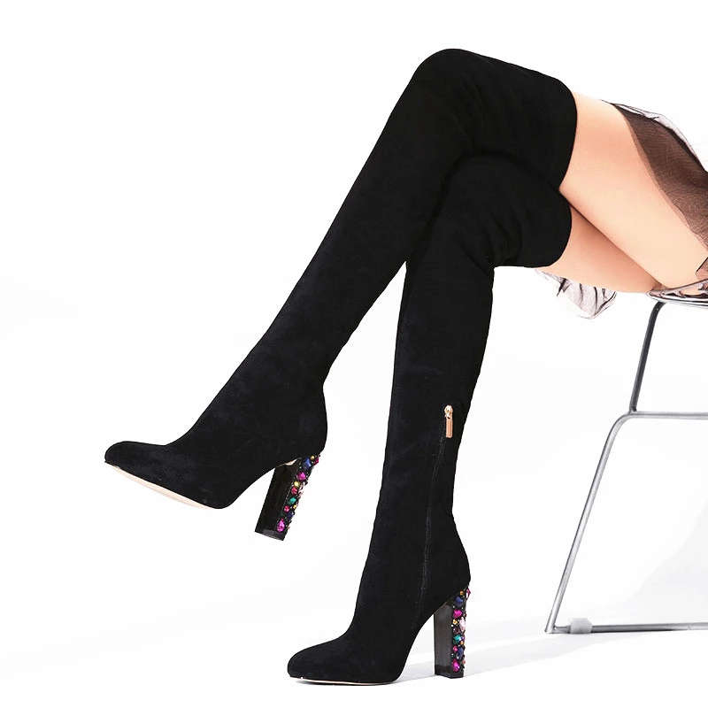 

New high quality Faux Suede over the knee boots rhinestone Colorful high heels zip women boots shoes