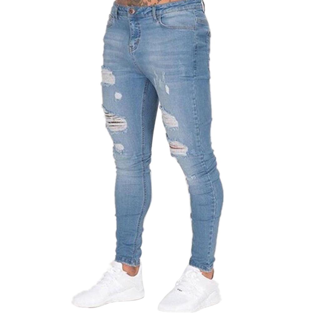 

Men's Jeans Men Fashion Slim Knee Broken Hole Shredded Pants, Black