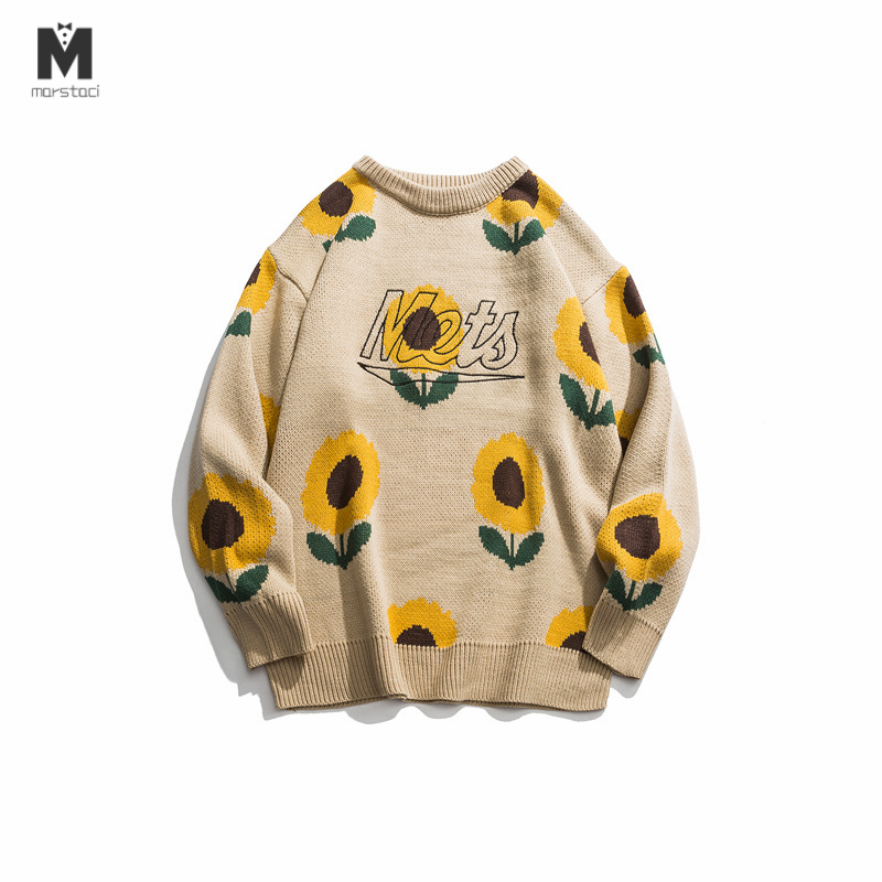 

Retro Men Sweaters Sunflower Pattern O-neck Acrylic Oversize Hip Hop Streetwear Harajuku Pullover Autumn New Man's Sweaters, Black