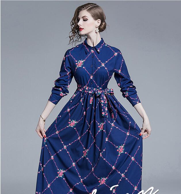 

small flora printed long sleeve navy blue women dress female summer A-line street style dresses Ankle-Length long sleeve