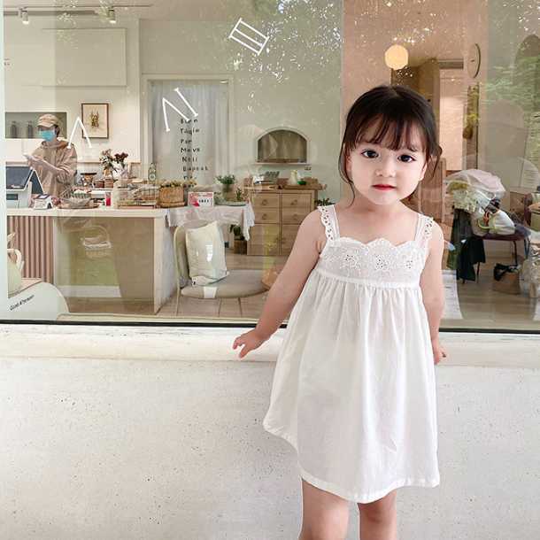 

Summer cute little princess pure cotton suspender dress baby girls sleeveless white slip dresses