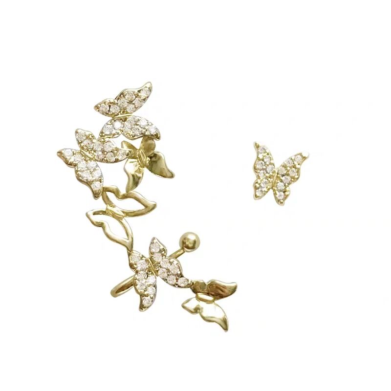 3D Wire Red Cubic Zirconia Garden Insect Butterfly Pave CZ Ear Crawler Earrings For Women Rose Gold Plated Brass