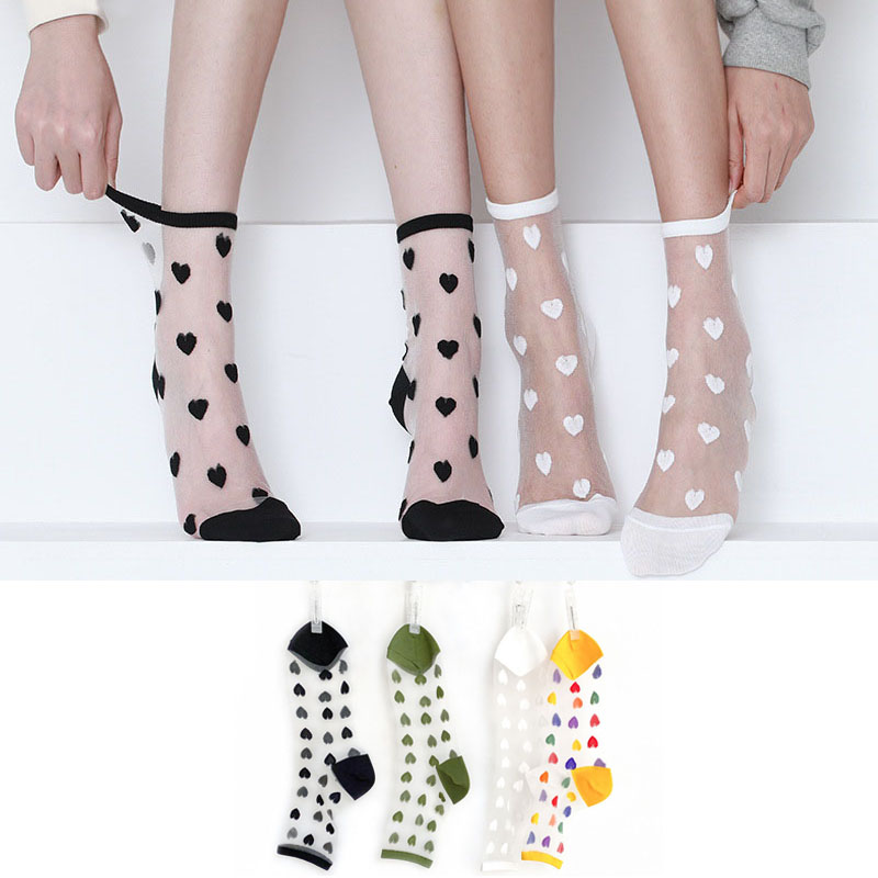 Heart Love Tulle Glass Silk Socks Women Summer New Ladies Lace Transparent Ultra-thin Mesh Colorful Nylon Sheer Socks-image-546540037