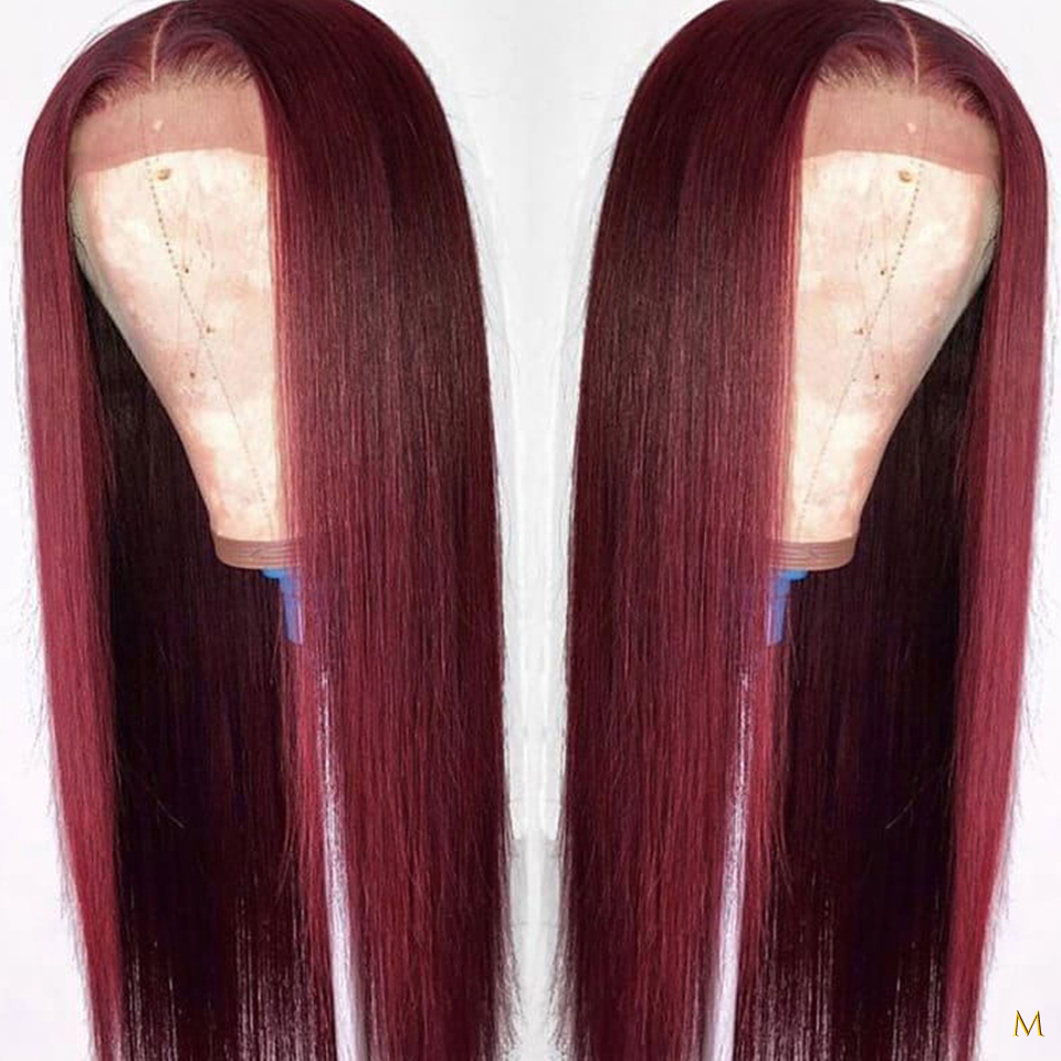 

99J Ombre Straight Remy Brazilian 13*4 Lace Front Human Hair Wigs 150% Burgundy Color Plucked With Baby Hair Bleached Knots JKO, As pic