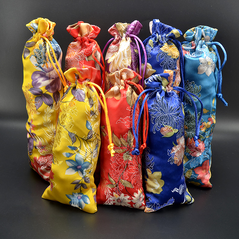 

New Lengthen Chinese Silk Brocade Pouch Drawstring JewelryNecklace Pouch Ox Horns Comb Thank you Gift Bags 7x18 cm 50pcs/lot